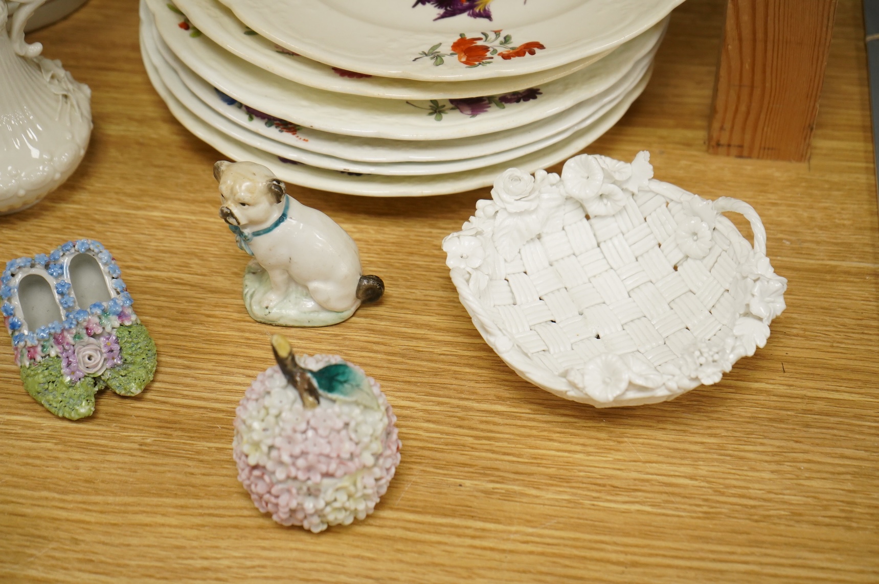 A set of six early 19th century English porcelain plates, impressed anchor mark, Belleek ewer, and other items (15)